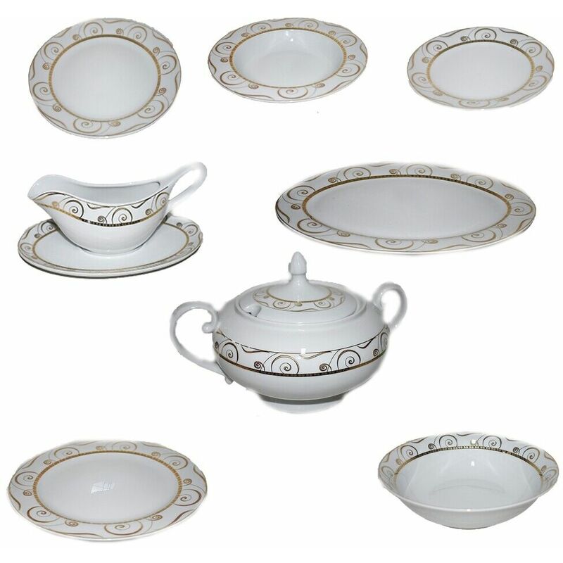 Servizio Piatti In Porcellana Bianca Filo Oro Tazze Tè Tazzine Caffè Caffettiera Teiera Lattiera Zuccheriera Da Portata Zuppiera - Set Tavola Porcellana: Set Piatti Da Portata