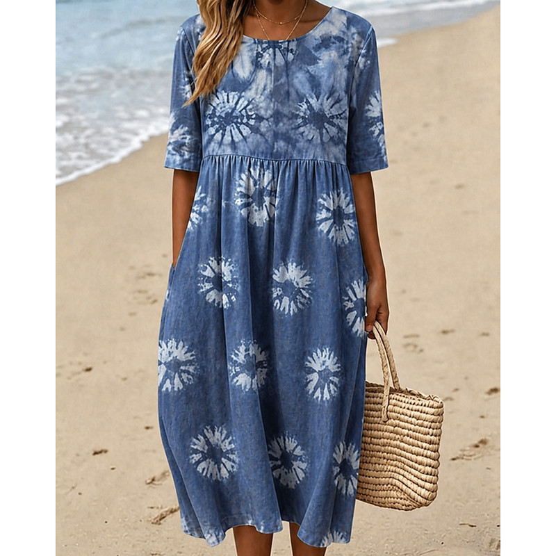 Women's Midi Dress Sheath Dress T Shirt Dress Tee Dress A Line Dress Summer Dress Vacation Casual Boho Daily Summer Dress Spring Dress Regular Fit Floral Graphic Abstract Short Sleeve Crew Neck Blue