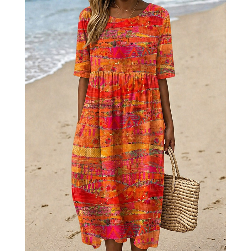 Women's Midi Dress Sheath Dress T Shirt Dress Tee Dress A Line Dress Summer Dress Vacation Casual Boho Daily Summer Dress Spring Dress Loose Fit Floral Graphic Geometric Short Sleeve Crew Neck Black