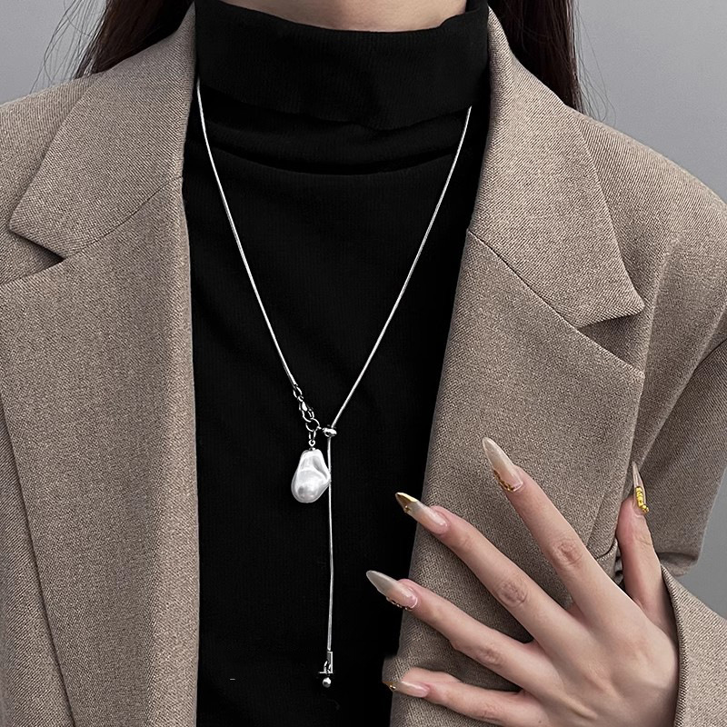 Baroque Pearl Stainless Steel Long Necklace Adjustable Chain Jewelry For Women e