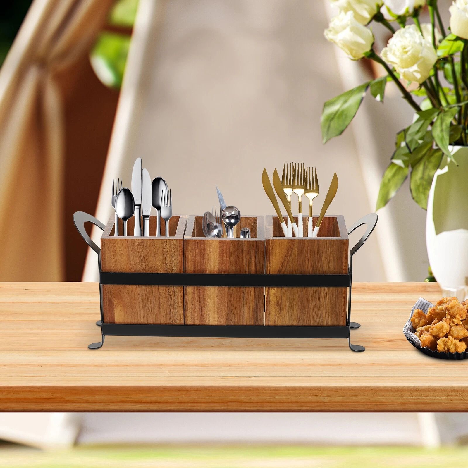 Rustic Wooden Kitchen Utensil & Cutlery Organizer Holder Compartment Countertop Storage Rustic Wooden Kitchen Utensil & Cutlery Organizer Holder Compartment Countertop Storage