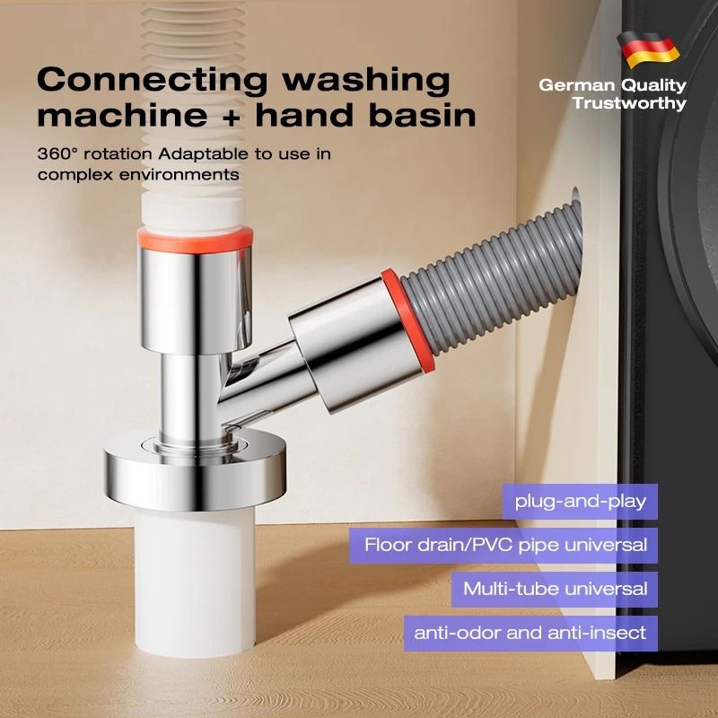 Washing Machine Three Way Drainage Connector Anti Odor & Anti Overflow Floor Drain High Yield Plumbing Hub silver