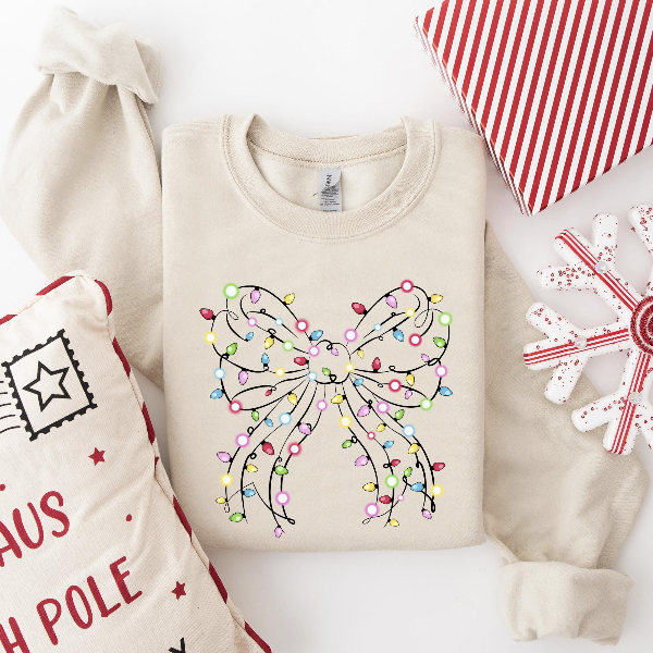 Christmas Lights Coquette Bow Sweatshirt | Funny Holiday Bow Graphic Crewneck Womens Festive Xmas Pullover red l sweatshirt