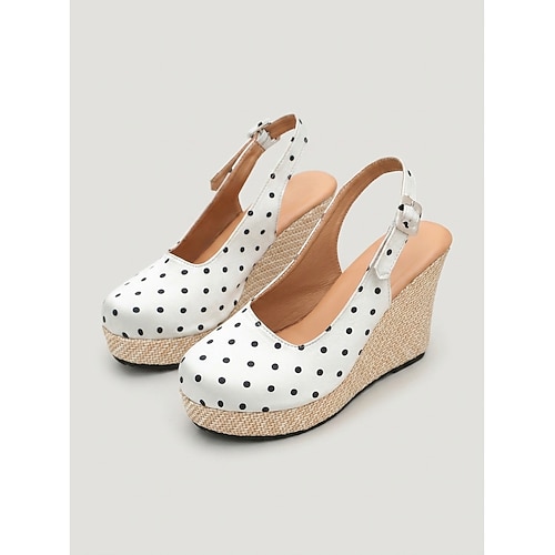Weiße Espadrille-Wedges mit Polka-Dots für Damen – Plateau-Pumps aus Satin mit Fersenriemen für Inselurlaube und sommerliche Gartenpartys Kreuzfahrten Image