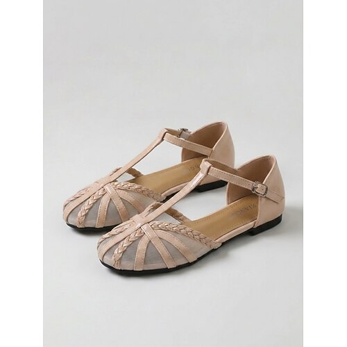 Braune Gladiator-Sandalen mit T-Riemen für Damen – lässig geflochten Mesh-Sandalen mit verstellbarem Schnallenverschluss und rutschfester Sohle für Spaziergänge und Reisen Freizeitkleidung Image
