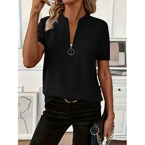 Damen T Shirt T-Shirt Reißverschluss Einfach Mode Stilvoll Klassisch Kurzarm V Ausschnitt Normale Oberteile Lässig Täglich Ausgehen Blau Schwarz Weiß Wein Braun Sommer Frühling Image