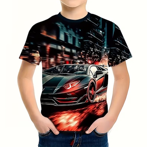 Kinder 3D Grafik Auto T-Shirt Kurzarm 3D-Druck Sommer Frühling Sport Mode Streetwear Kinder 5-12 Jahre Rundhalsausschnitt Lässig Täglich Outdoor Normale Passform Image