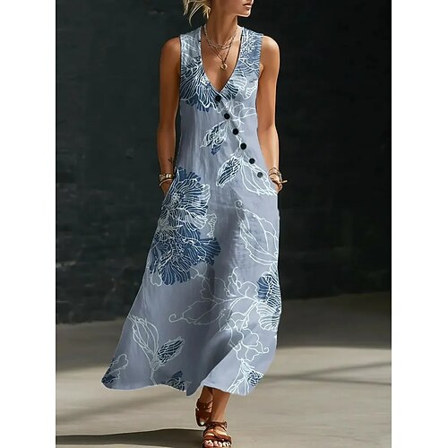 Damen Midikleid Freizeitkleid A Linie Kleid Elegant Urlaub Stilvoll Strand Ferien Normale Passform Blumen Grafik Ärmellos V Ausschnitt Blau Rote Grün Sommer Frühling