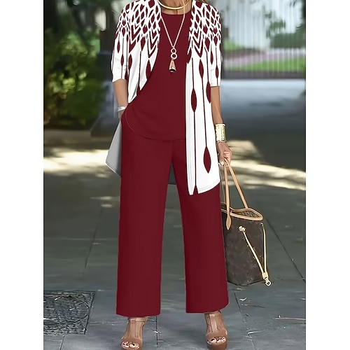 Damen Hosen-Sets Langarm Halbarm Rundhals Grafik Gestreift Druck Mode Streetwear Lässig Täglich Outdoor Blau Rote Purpur Frühling Sommer Lässiger Schnitt Image
