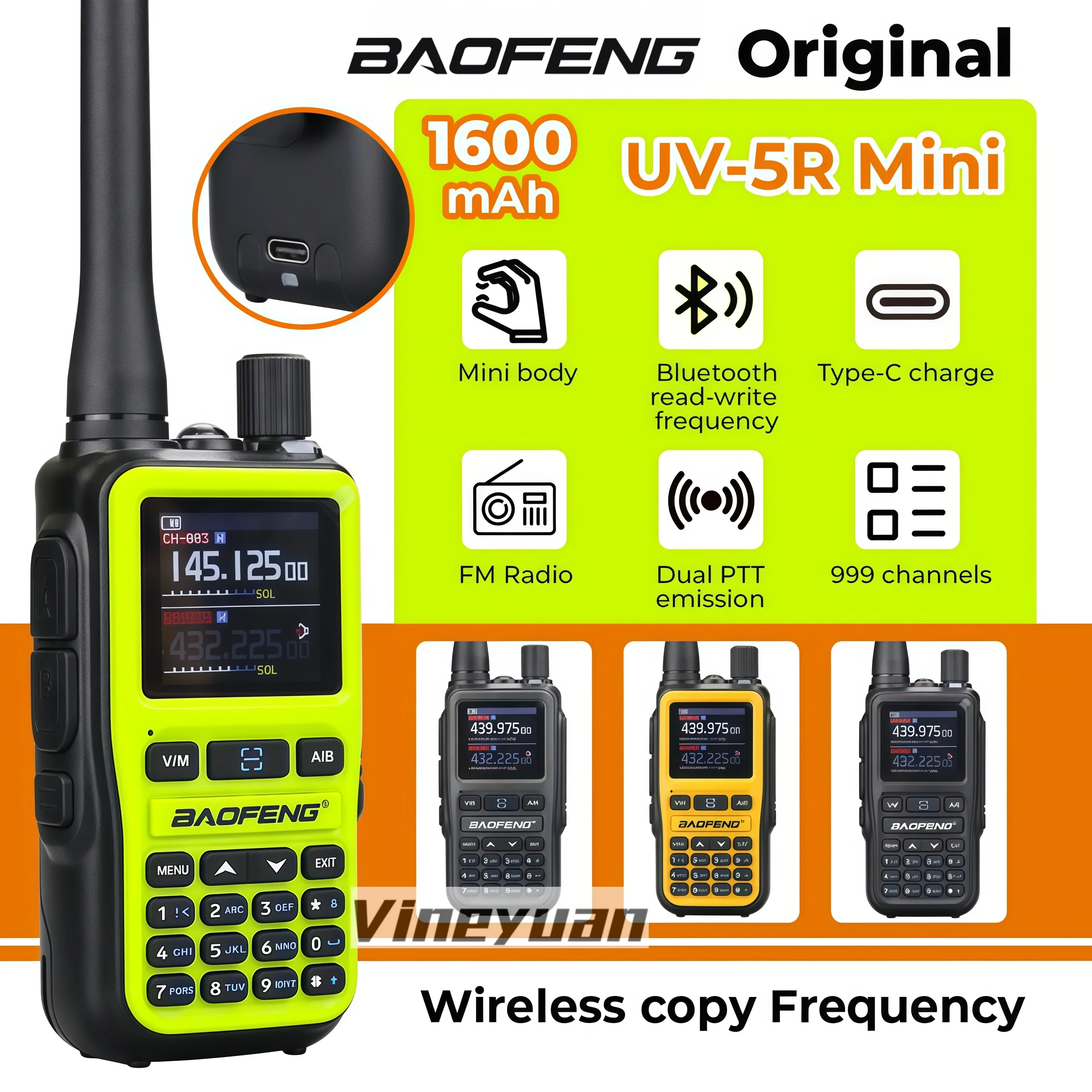 Baofeng Original UV-5R Mini Dual Band Dual PTT Typ-C Charge Walkie Talkie 5RMINI Air Band Rx 5W Compact VOX FM Amateur Radio Image