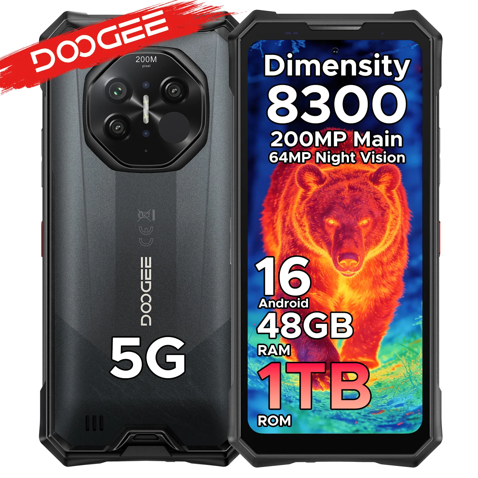 DOOGEE S300 Plus Thermal Handy 5G Outdoor-Smartphone Dimensity 8300 Wärmebildkamera 6,78 Zoll 200MP KI-Kamera 48GB(12+36) RAM 1TB ROM 11000mAh Akku Android 16 66W Schnellladung Smartphones