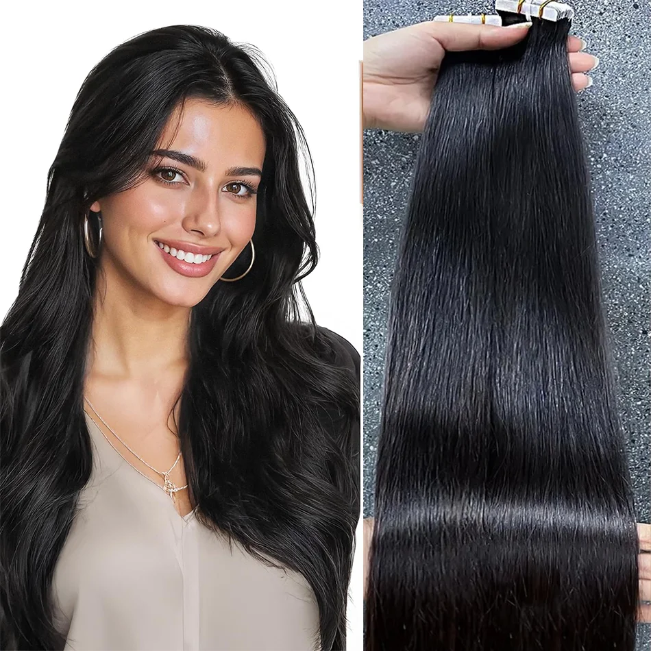 Tape-in-Haarverlängerungen, unsichtbares Haar, 100 % Echthaar für Frauen, glatt, echtes Naturhaar auf Tape, 35,6–66 cm Längen für den Salon Image