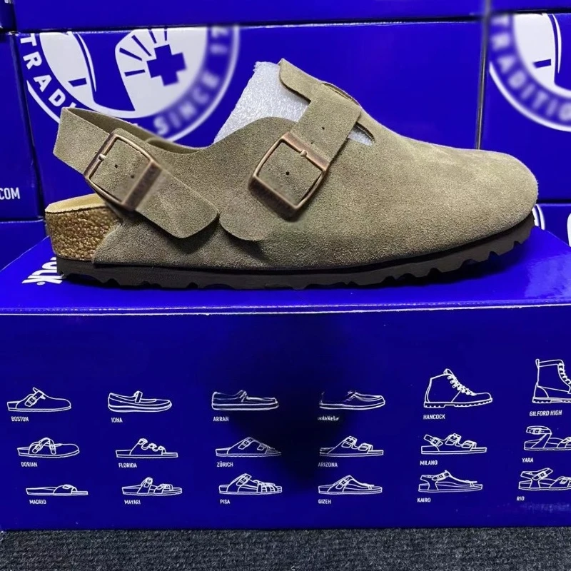 Clogs mit Rückenriemen, verstellbare Absatzsandalen, Wildleder-Sandalen mit geschlossener Zehenpartie, Kork-Einlegesohlen, lässige Outdoor-Wanderschuhe.