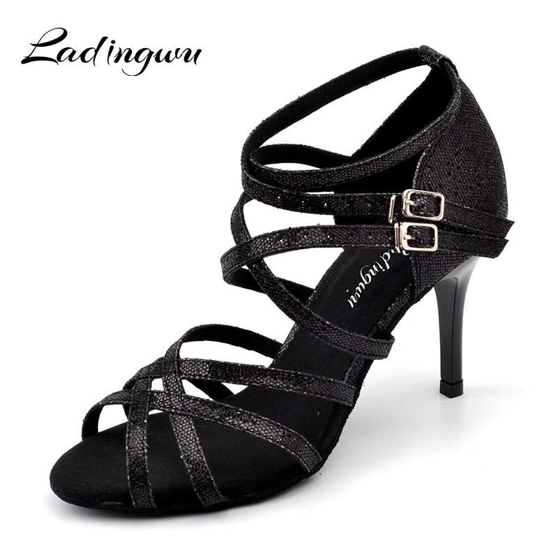 Ladingwu 2018 Neue frauen Latin Dance Schuhe Schwarz Glitter Schuhe frauen Sandalen Für Tanz Schuhe Latin Frau Salsa heels 8,5 cm