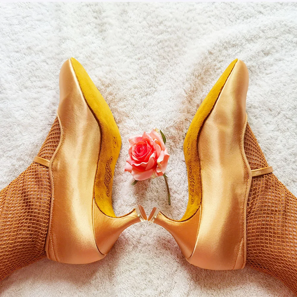 Betty Erwachsene Damen National Standard Modern Dance Schuhe Walzer Soft Bottom Satin Social Dance SchuheHighHeelsBrownBD137 BallrOOM