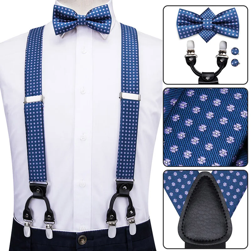 Seide Gewebt Herren Hosenträger Fliege Hanky Manschettenknöpfe Set 6 Clips Auf Männer Vintage Hosenträger Gold Rot Blau Grün Weiß floral Einstellbar