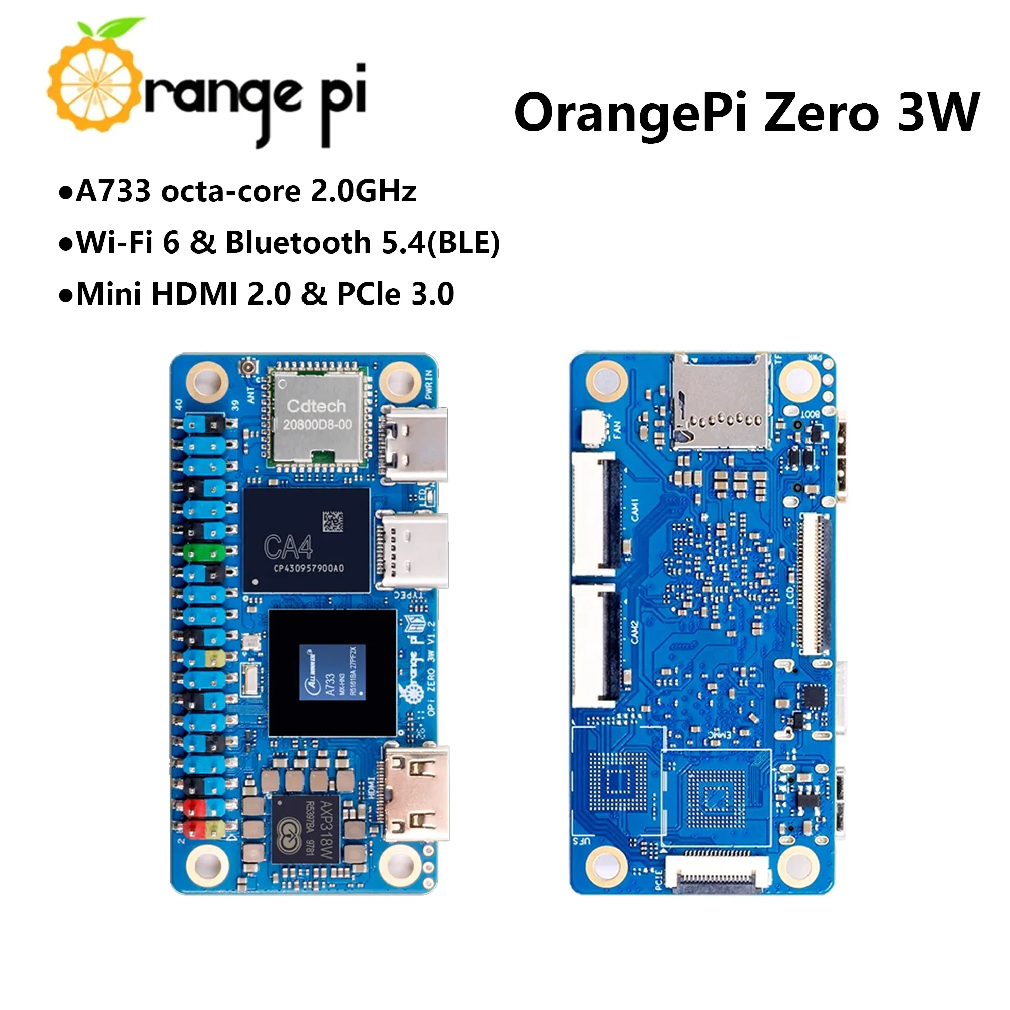 Orange Pi Zero 3W Entwicklungsboard Allwinner A733 Chip 3Tops NPU Wi-Fi6.0+BT5.4 Mini HDMI 2.0 & PCIe 3.0