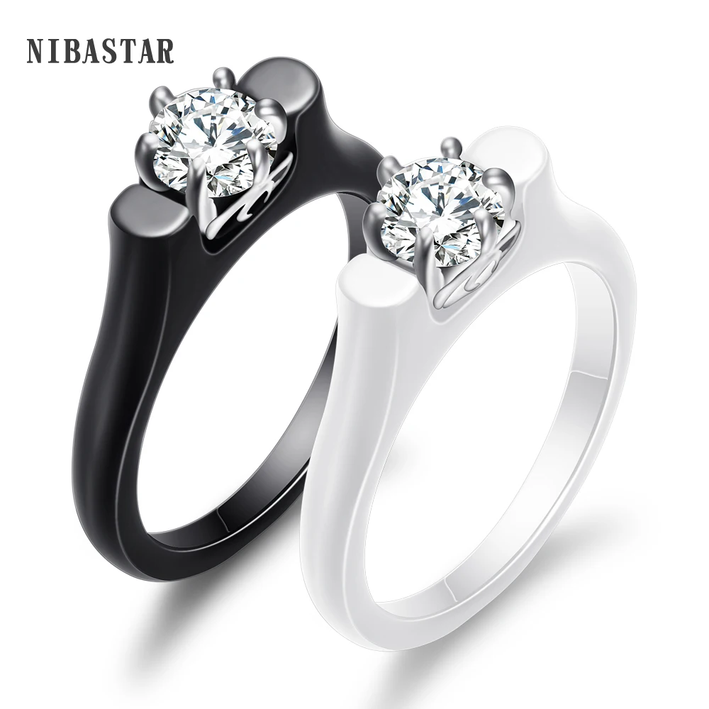 Fedi nuziali di colore bianco nero per le donne Anello bijoux in ceramica liscia Anelli di fidanzamento con zirconi cubici AAA trasparenti