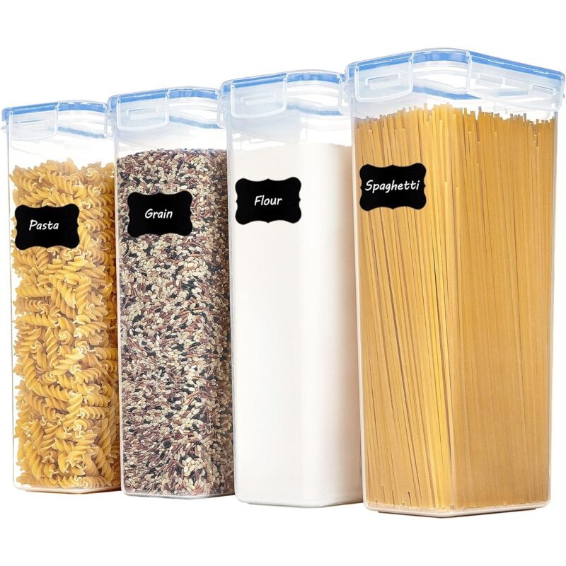 Minkurow Set Di Barattoli Da 2,8 Litri, Barattoli Per Muesli E Barattoli Per Alimenti, Barattoli Ermetici In Plastica, Set Da 4, 24 Etichette Per Cereali, Farina, Zucchero, Ecc. (blu)
