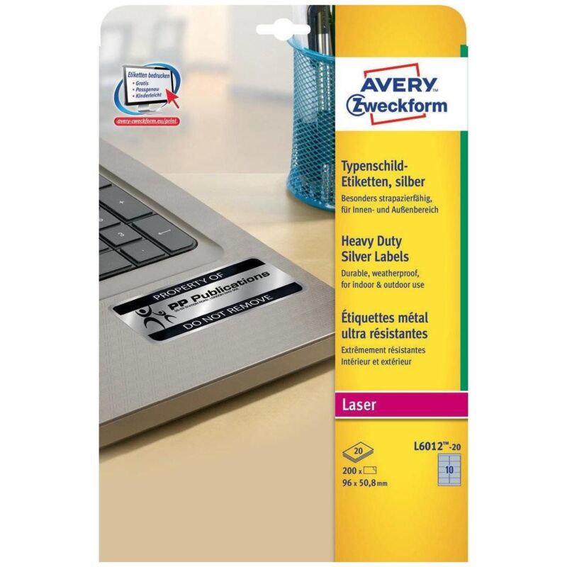 Avery L6012-20 Etichetta Autoadesiva Rettangolo Con Angoli Arrotondati Permanente Argento 200 Pz