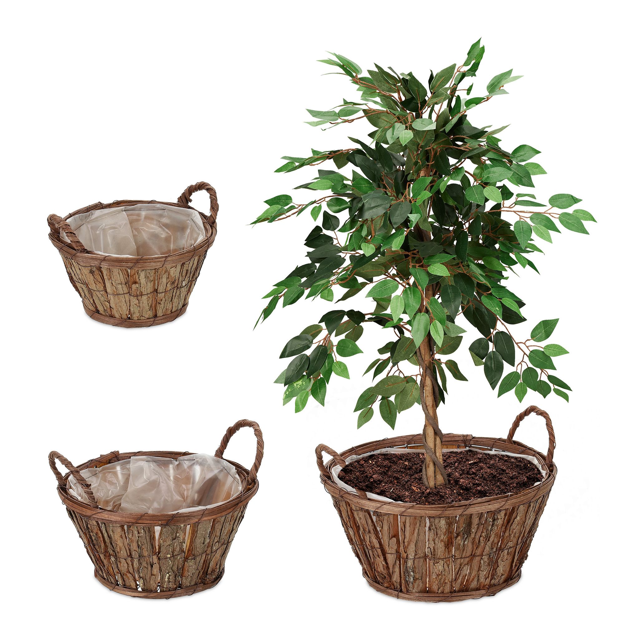 Set Da 3 Vasi Per Fiori, Fioriere In Legno Con Corteccia E Rivestimento, Per Interni, 3 Grandezze, Naturale - Relaxdays