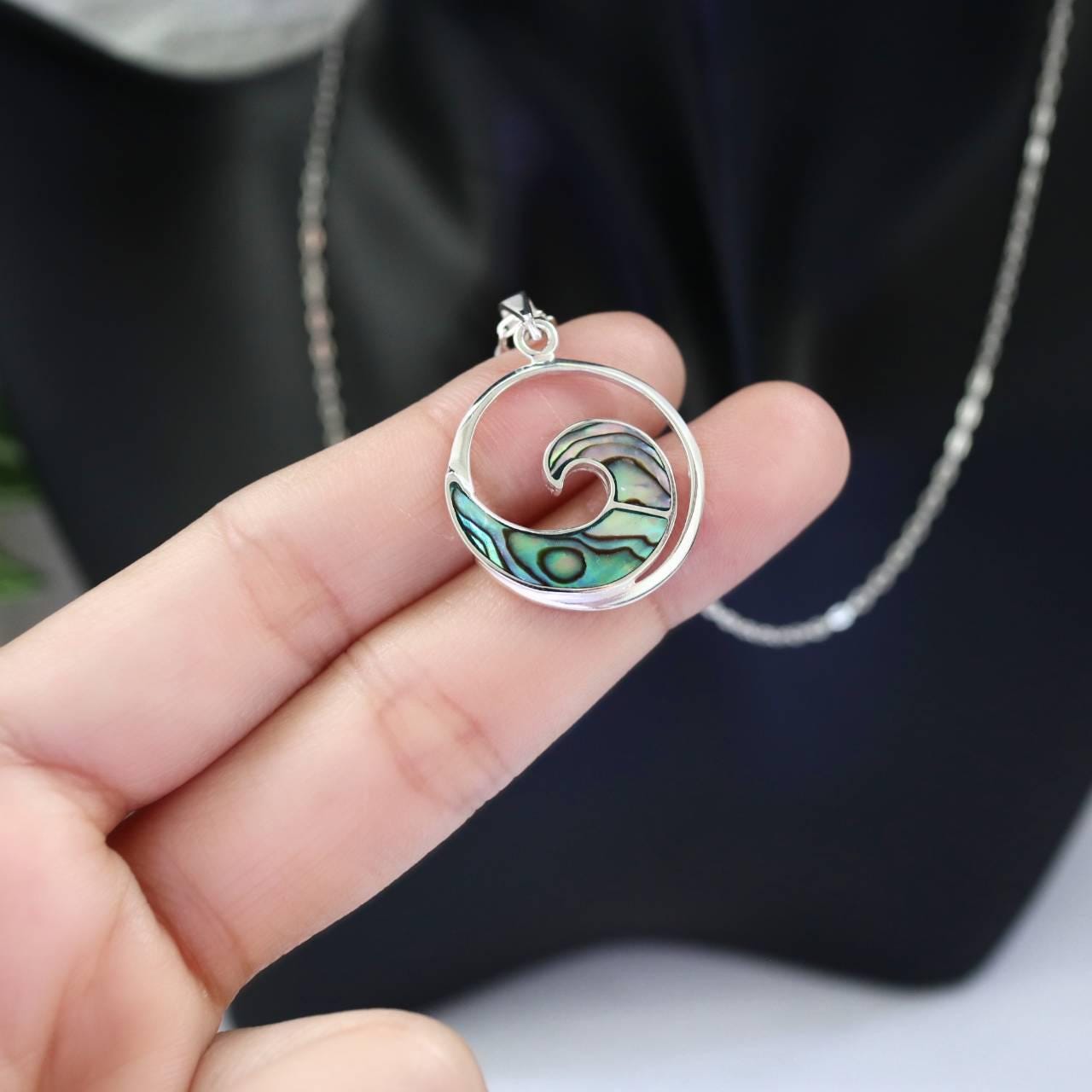 Ciondolo a forma di onda oceanica in argento sterling 925, collana a forma di onda rotonda, collana con ciondolo a forma di onda in argento, decorato