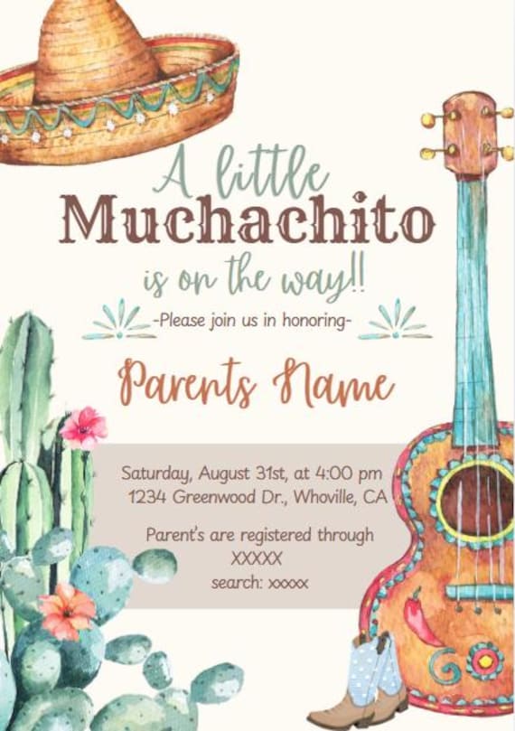 "Invito per baby shower modificabile. Invito per baby shower. Baby shower a tema messicano. Invito per baby shower \"A Little Muchacho\". Tema messicano"