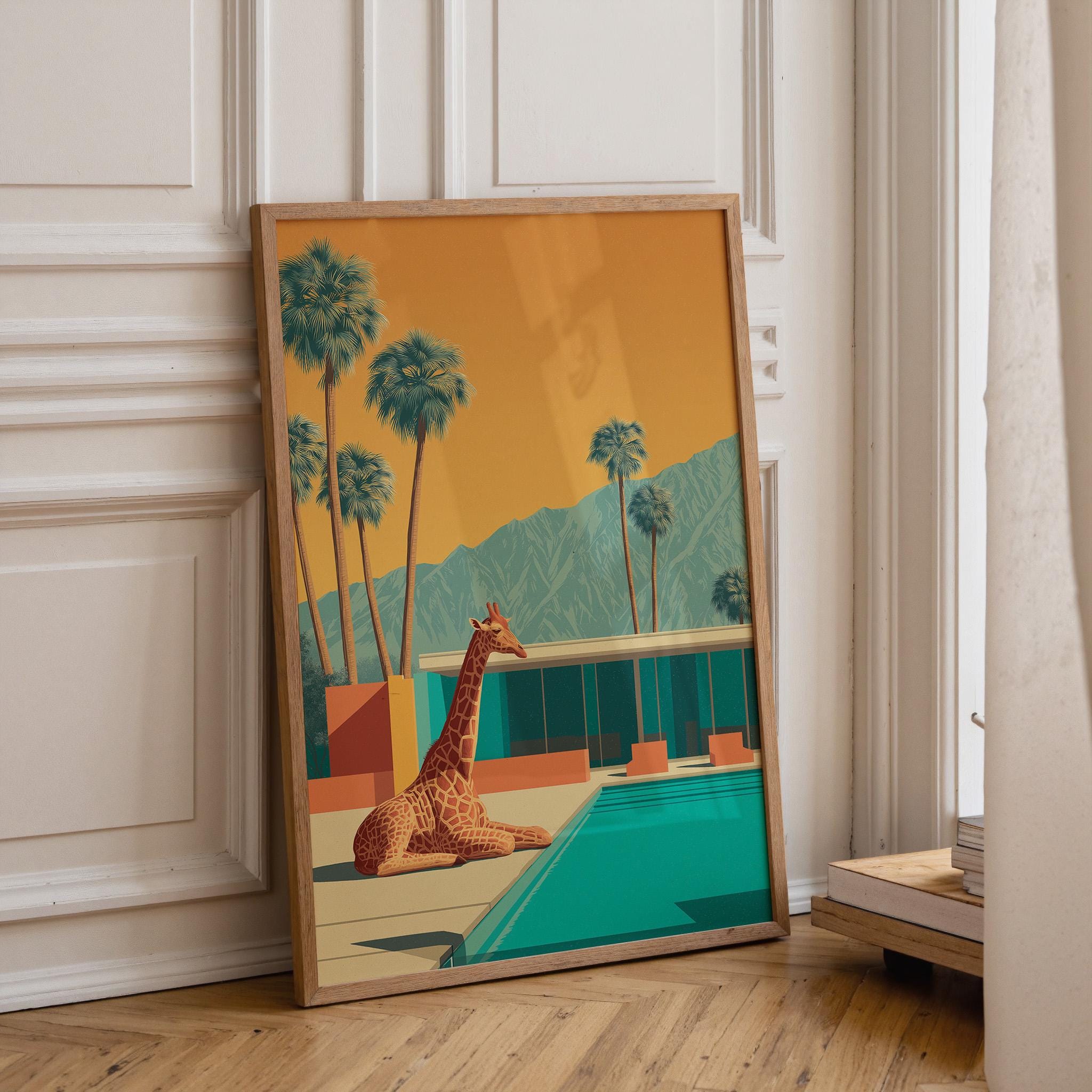 Stampa artistica per piscina in stile Mid-Century Modern, Palm Springs Giraffa Paesaggio Deserto Retro Quadro da Parete