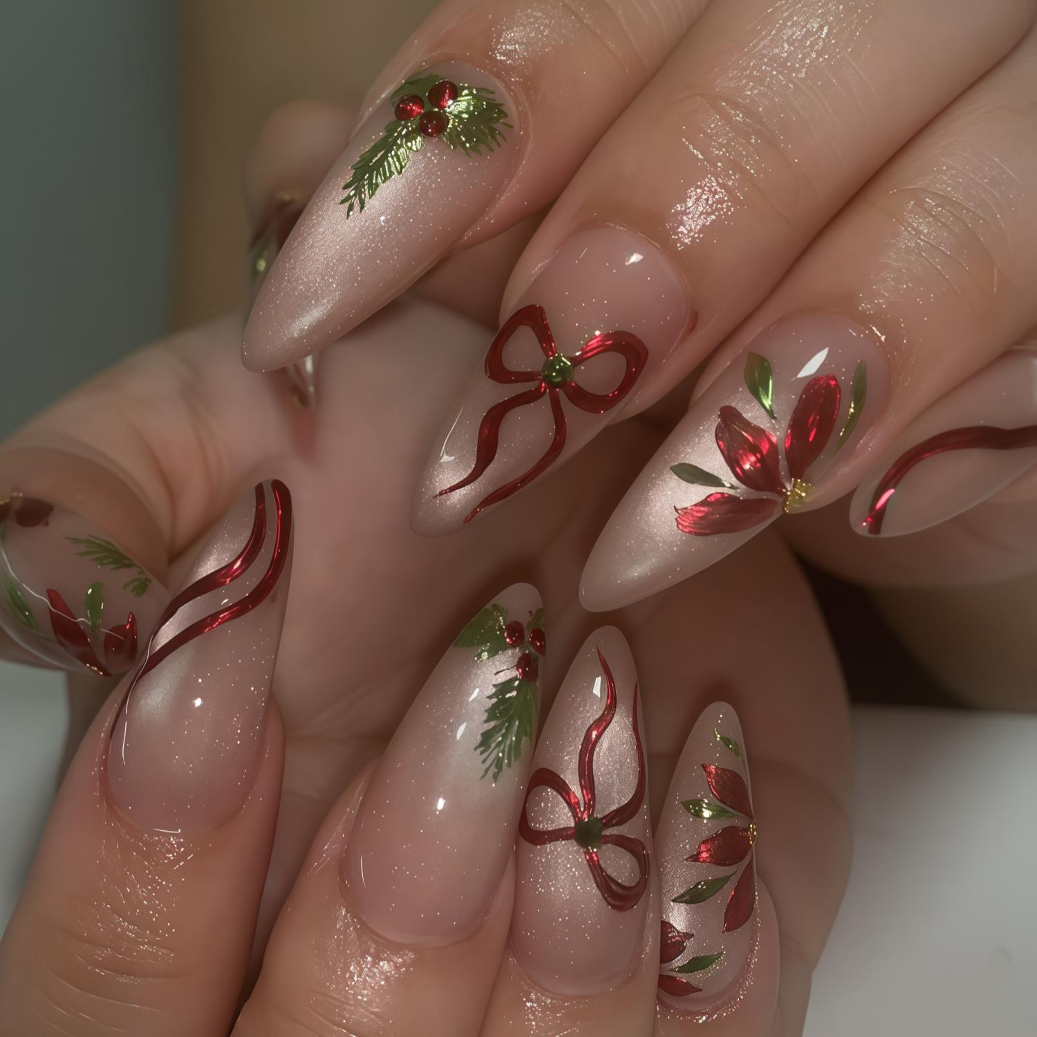 Unghie finte con fiocco rosso e fiore, unghie dipinte a mano, unghie finte personalizzate, unghie 3D, unghie a stella, unghie acriliche, unghie finte,