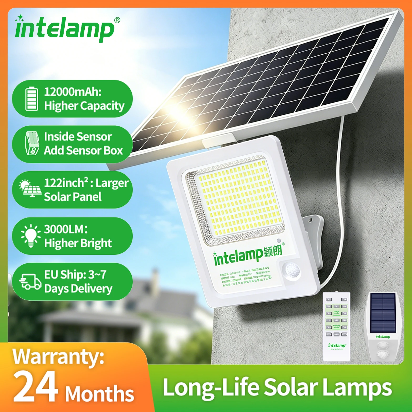 Intelamp 12000mAh 3000LM Solar-Flutlichter für den Außenbereich, IP65, größeres Solarpanel, Bewegungssensoren, Solar-Sicherheitsleuchten für Garten und Hof solarleuchte außenbereich solarlampe für außen solar led licht