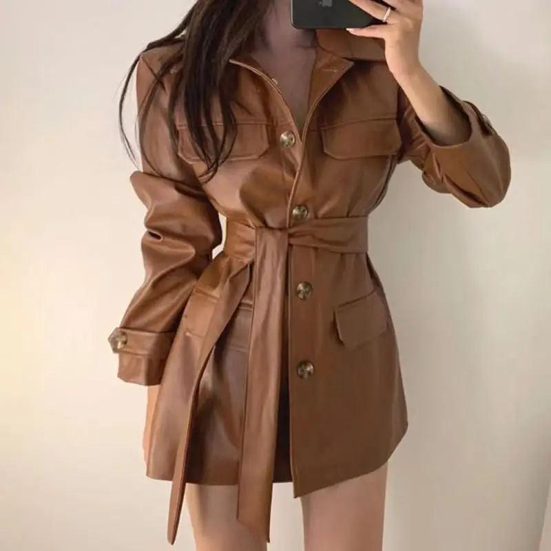 Frühling Herbst Einfarbiges Kunstleder-Minikleid mit Revers und Gürtel, High-Street Casual Chic Langarm-Knopfleisten-Outerwear-Cardigan