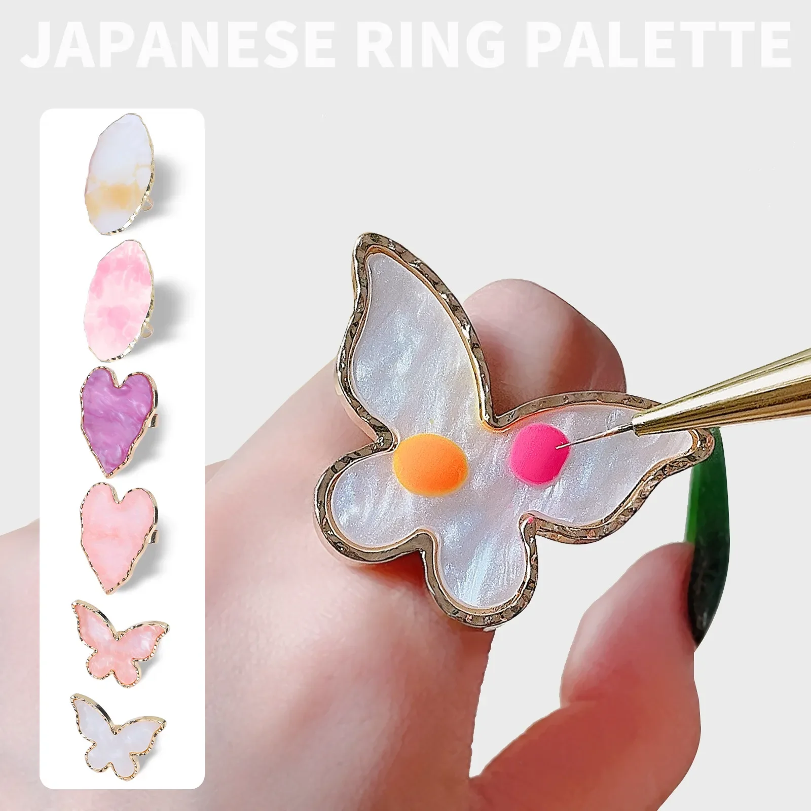 Halo gefärbte Bernstein-Ring-Farbpalette aus Kunstharz für UV-LED-Nagellack-Gel zum Mischen von Schmetterlingen in Herzform, Nagelgel mit Regal, Maniküre-Werkzeug Image