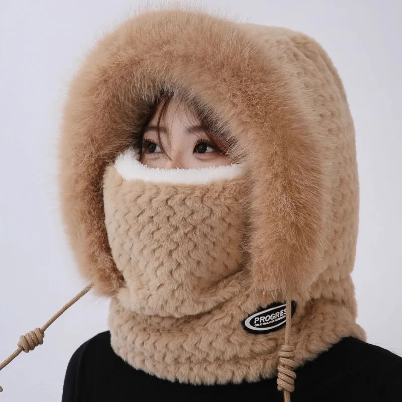 Herbst und Winter Damen Thermo-Plüschmütze, Kapuze, Schal und Maske, Gehörschutz, winddicht, dickes Design zum Reiten im Freien Image