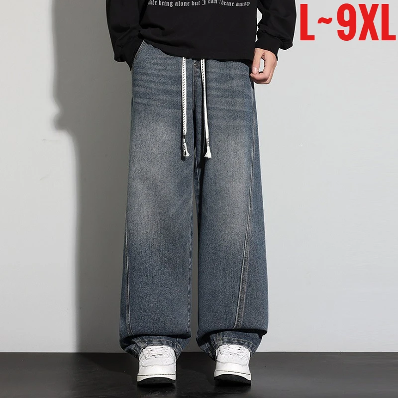 Große Größe 9XL Herren Trend Jeans Gerade Breite Bein Kurve Denim Hose Männlich Koreanische Mode Biegen Banane Plus Große elastische Taille 48