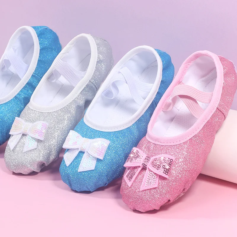 Shiny Rosa Blau Bowknot Ballett Schuhe für Mädchen Kinder Schuhe für Mädchen Geritide Dance Flache Tanzen Schuh mit Pailletten für mädchen