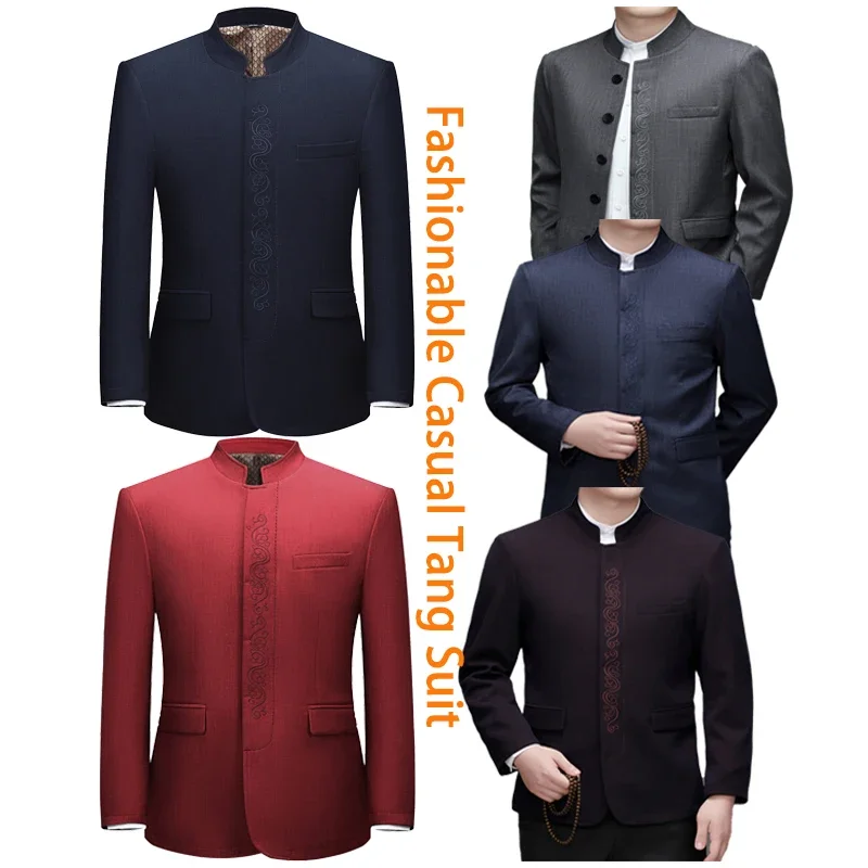 2025, neuer Stil, hochwertiger, modischer, lässiger Tang-Anzug für Herren, marineblauer, versteckter Knopf-gestickter Herren-Blazer, Mantel im chinesischen Stil Image