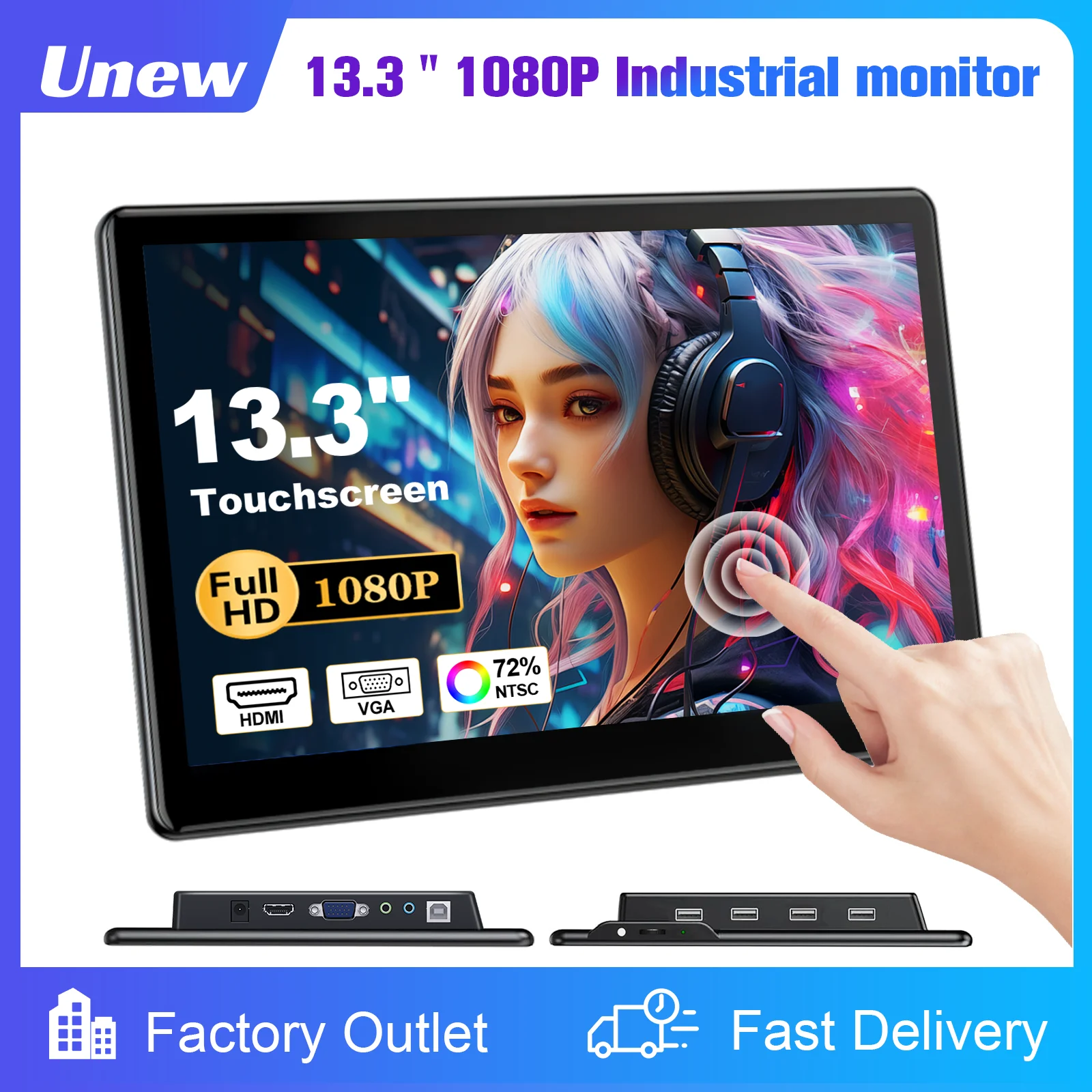13,3-Zoll-Touchscreen-Monitor FHD 1920 x 1080, geeignet für Telefon, Laptop, Innenlautsprecher, kompatibel mit HDMI, VGA, USB Typ C Image