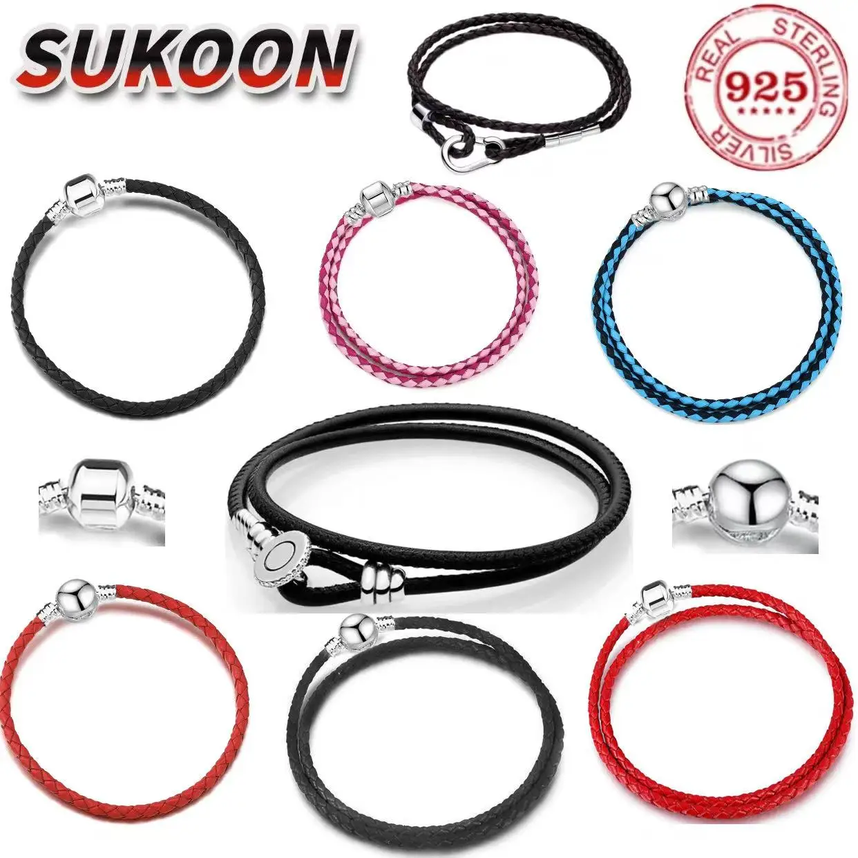 Valentinstagsgeschenk 925% Reines Silber Mehrfarbige Doppelschichtige Geflochtene Lederhandtasche Original Schmuck Handgefertigtes Damen-Accessoire Image
