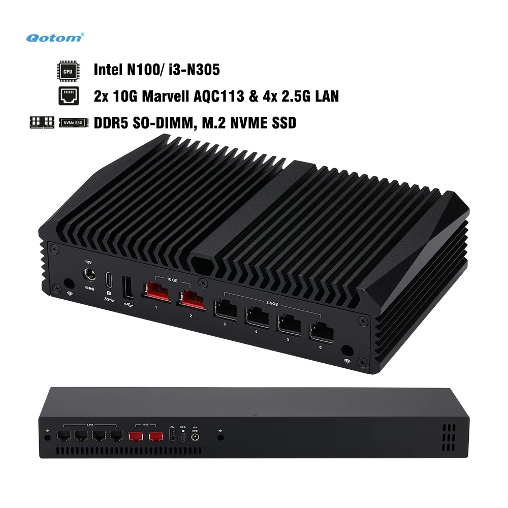 Qotom Mini-PC Intel N100/ N305/ N355, 2x 10G Marvell AQC113 & 4x Intel i226V 2.5G LAN, DDR5 Router-Gerät für OpenWrt/ Linux Image