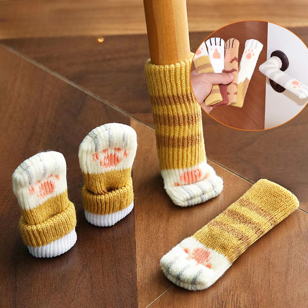 4 Teile/los Stuhl Fuß Abdeckung Schützende Nicht-slip Tisch Bein Katze Klaue Gestrickte Socken Stumm Tragen-beständig Boden schutz Matte 6-17cm Image