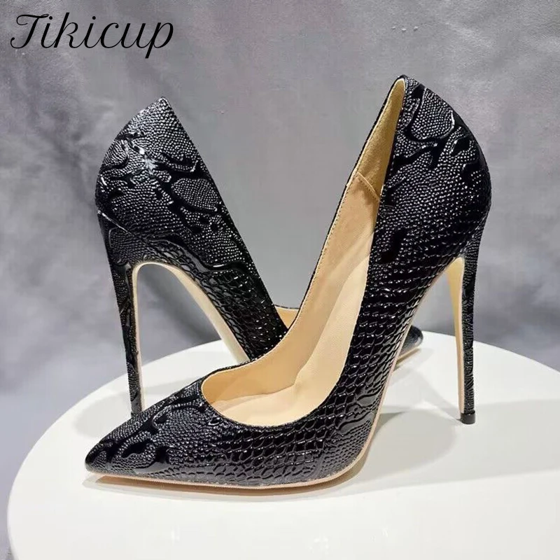 Tikicup schwarz geprägte Krokodil Frauen sexy spitze Zehen High Heel Schuhe Slip on Kleid Stiletto Pumps angepasst plus Größe 33-46
