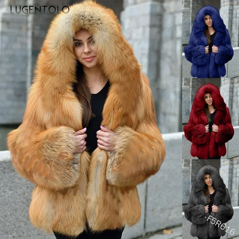 Frauen Warme Kunstpelz Winter Verdicken Mit Kapuze Hohe Qualität Faux Fuchs Pelzmantel Dame 2025, Neue Casual Große Größe Tuch Verfügbar 5XL
