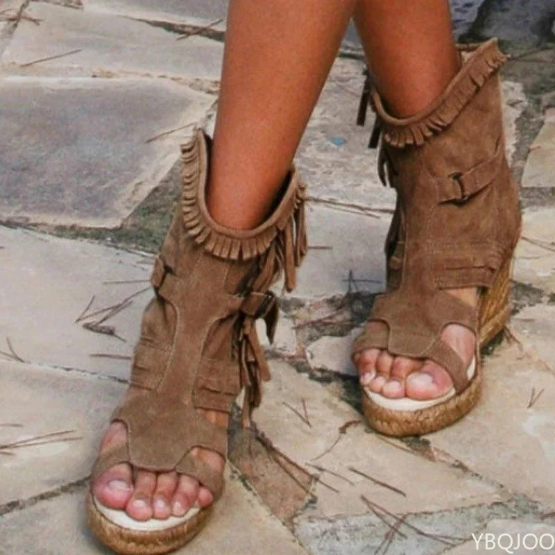 Damen Sandalen Sommer 34-43 Plus Size Damenschuhe Plateau Keil Quaste Schuhe geschlossene Zehen Fischmaul Damenschuhe