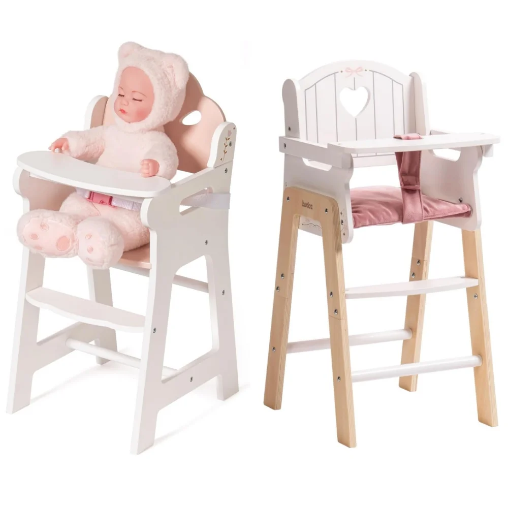 Robotime Robud Puppenhochstuhl, Rollenspiel, Hochstuhl mit Sicherheitsgurt, weißes Holz-Babypuppenzubehör mit beweglicher Tischplatte