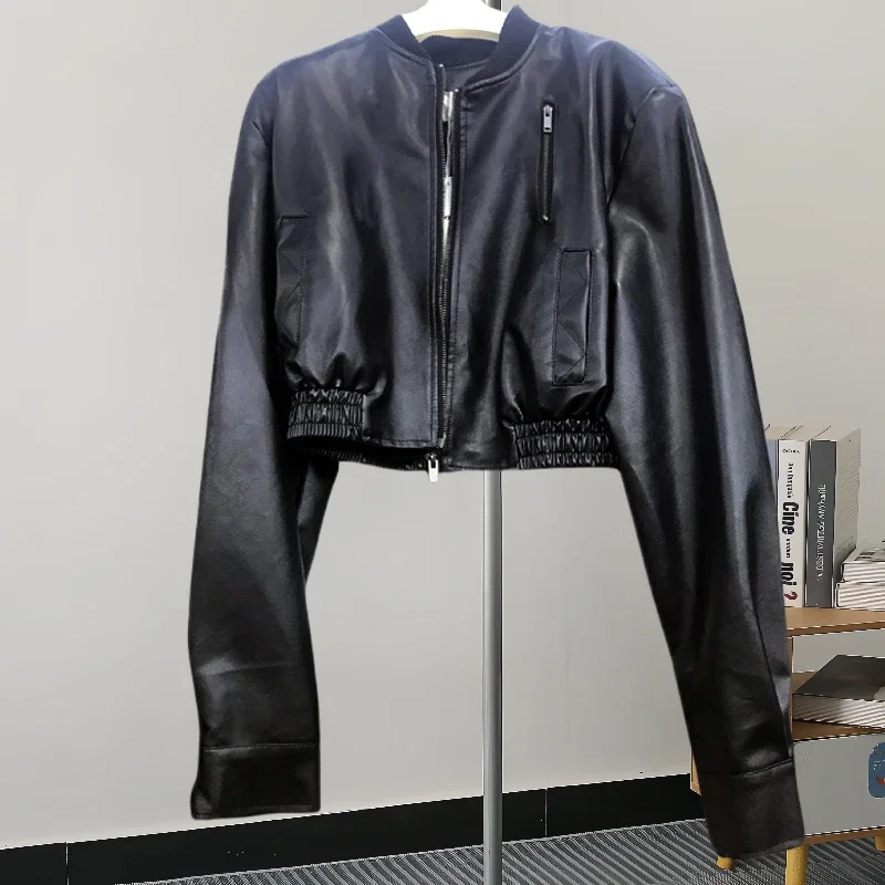Herbst Koreanische Vintage Stehkragen Schwarz Dünne Kurze Faux PU Leder Jacke Frauen Chic Zipper Langarm Biker Jacke Streetwear