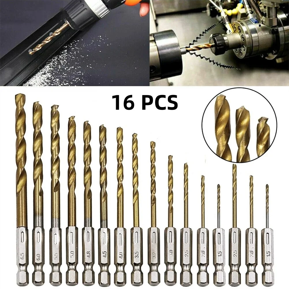 Set di punte elicoidali in acciaio HSS rivestite in titanio da 16 pezzi, punte elicoidali in acciaio ad alta velocità con codolo esagonale da 1,5 mm-6,5 mm, 1/4 di pollice, per metallo, legno,