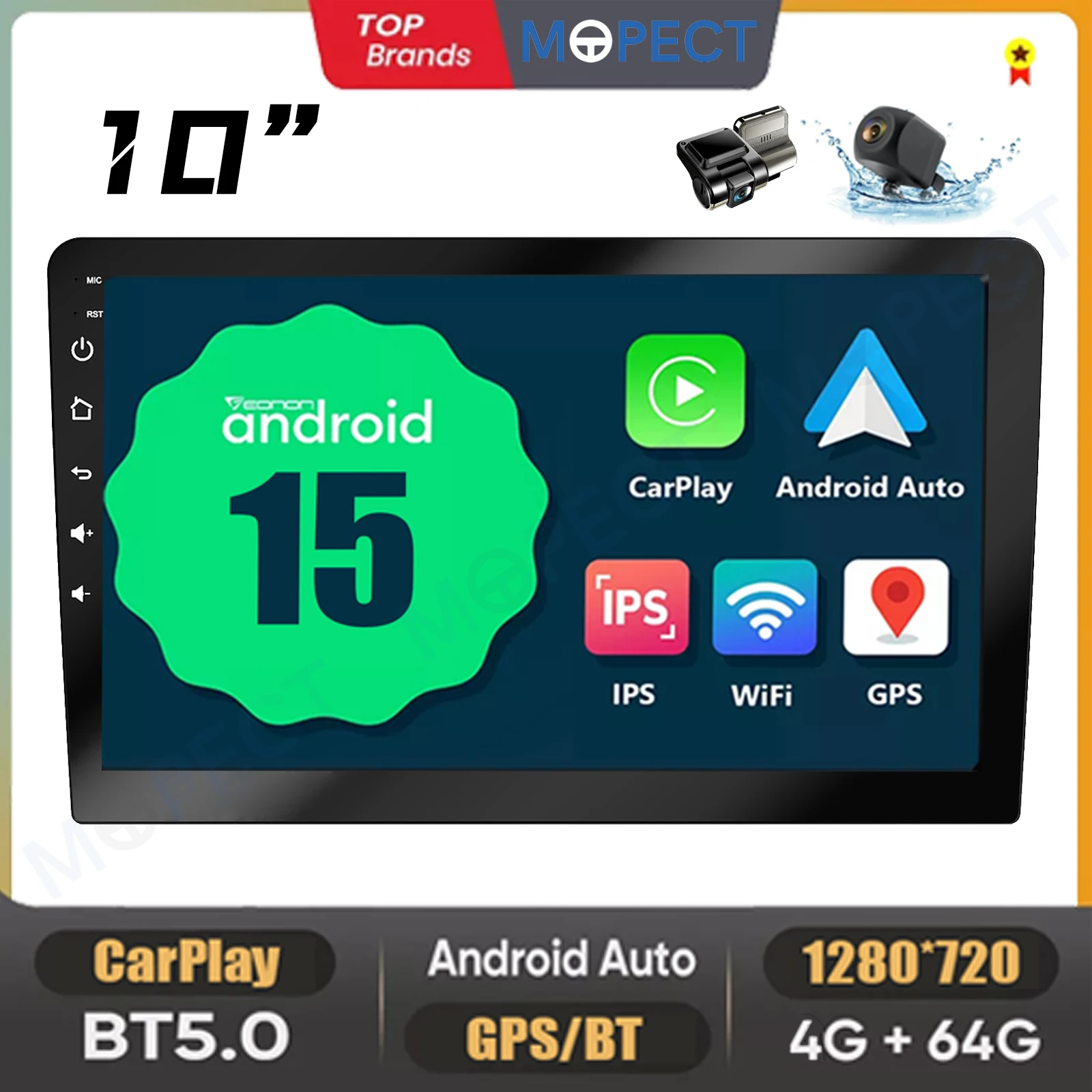 MOPECT Autoradio Universale Android 15 da 10 Pollici 4+64GB Doppio 2 Din Wireless Carplay MP5 Player Unità Principale GPS BT FM+DVR&AHD