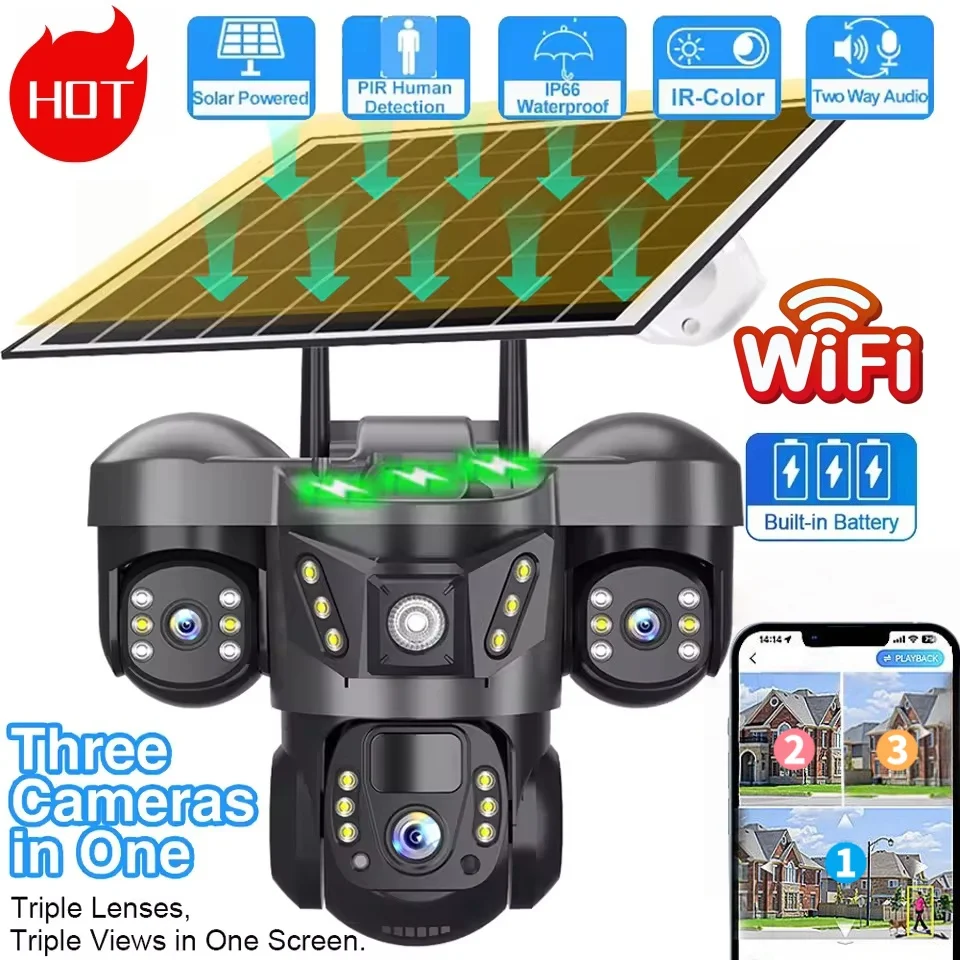 Telecamera Solare 15MP V380 WIFI con 3 Obiettivi, 3 Schermi, Zoom 10X, Rilevamento PIR, Impermeabile, Visione Notturna, Sicurezza CCTV