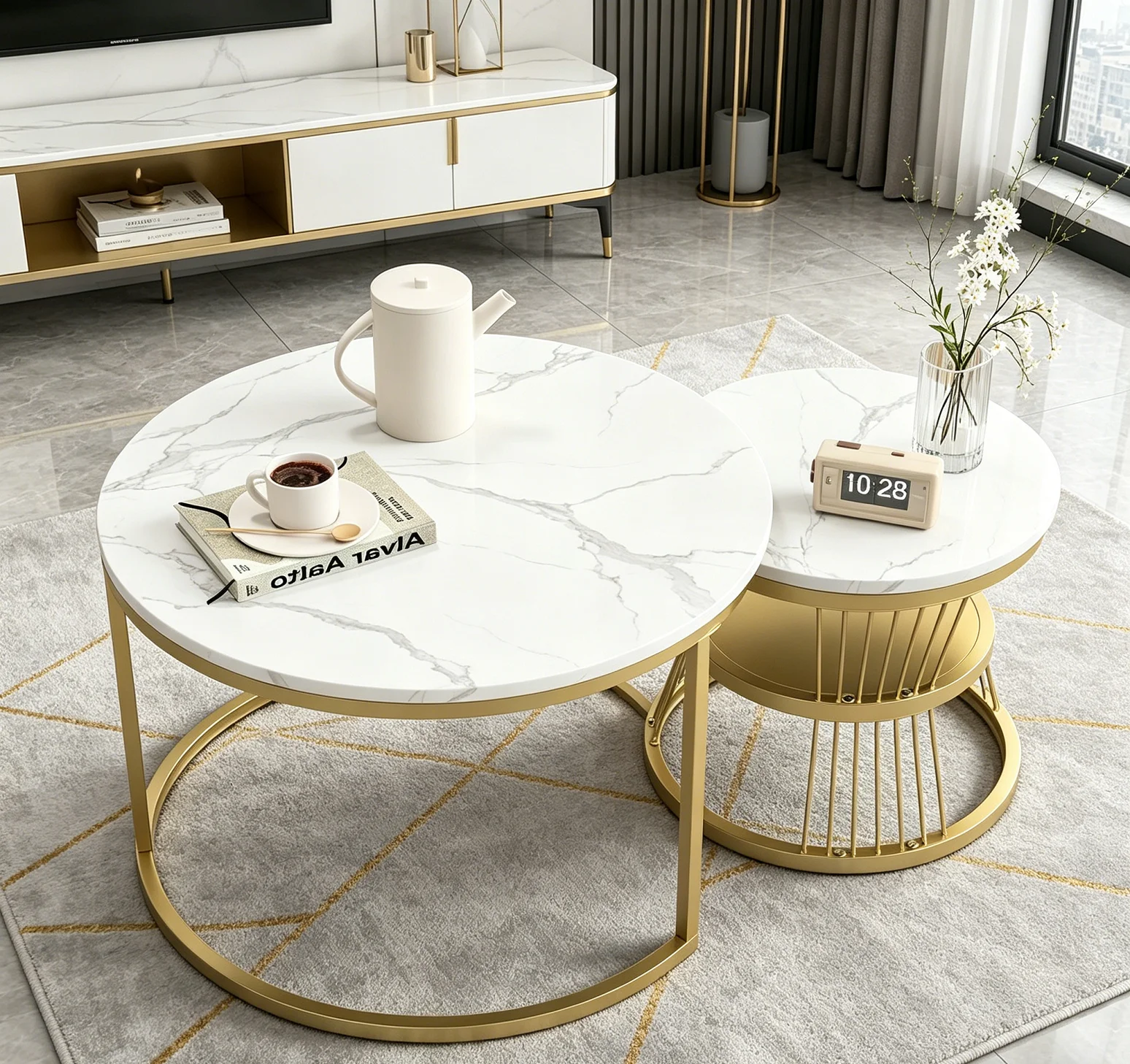 Rosahqnda Set di 2 tavolini da caffè, tavolini rotondi, struttura in MDF e metallo, tavolini da caffè moderni per soggiorno, camera da letto, ufficio, 2 pezzi