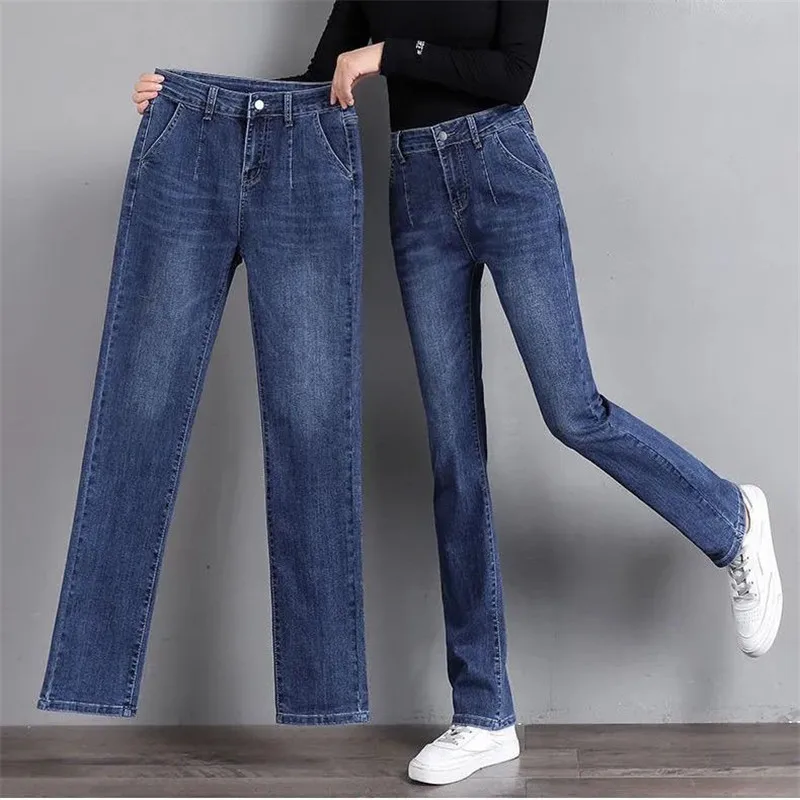 Pantaloni in denim dritti elasticizzati vintage Donna Streetwear Primavera Autunno Pantaloni casual slim a vita alta Jeans da donna taglie forti